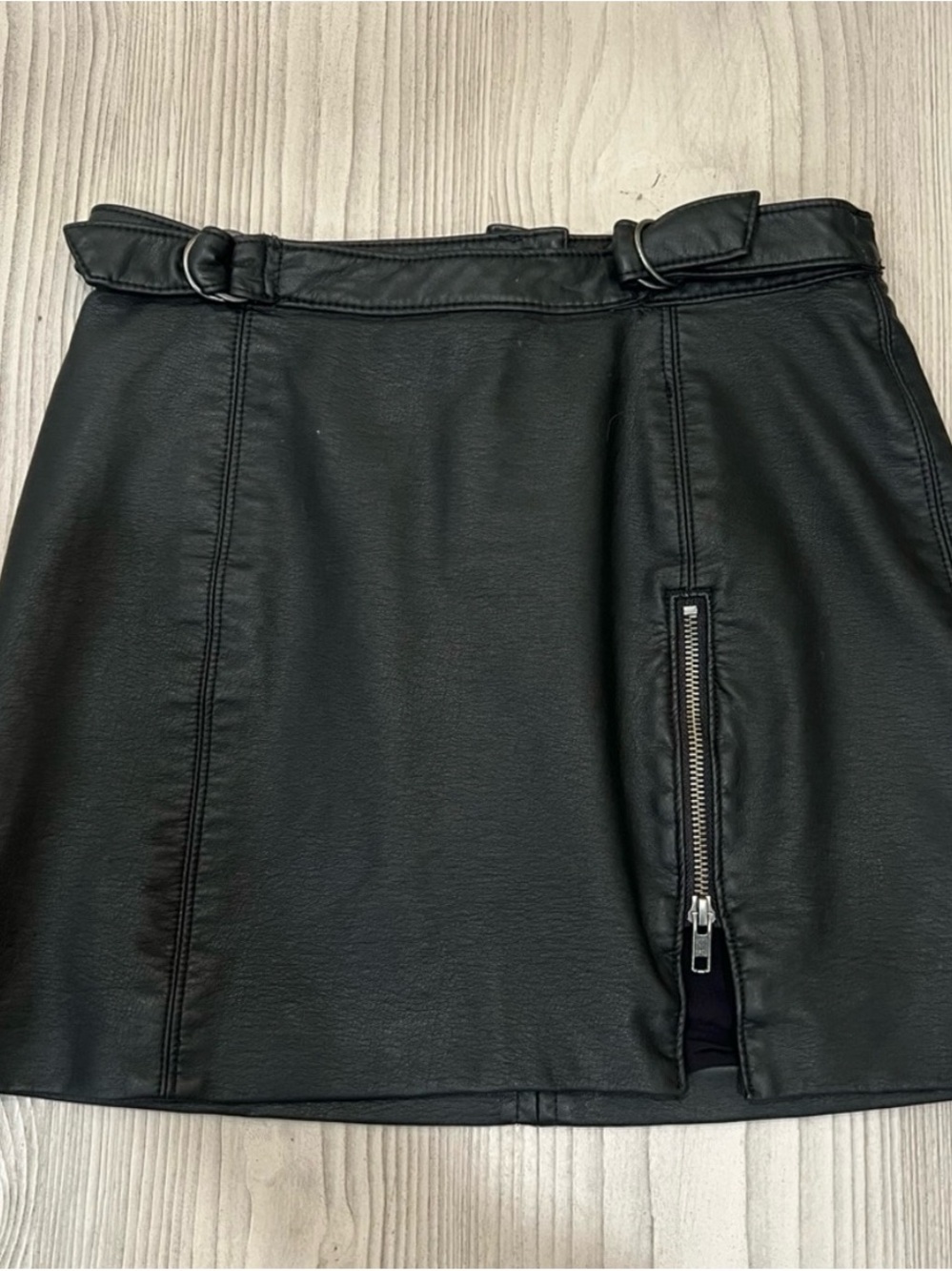 Free People Black Faux Leather Mini Skirt with Front Zip Detail